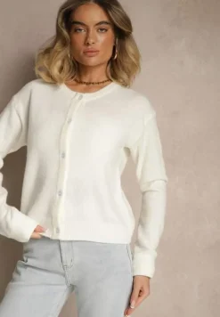 Biały Klasyczny Kardigan z Zaokrąglonym Dekoltem Reonira