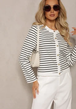 Biały Klasyczny Kardigan z Metalicznymi Guzikami w Paski Praivea