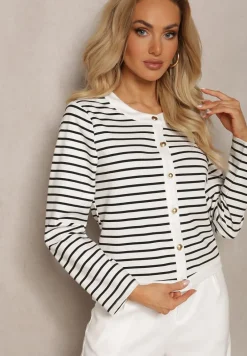 Biały Klasyczny Kardigan z Metalicznymi Guzikami w Paski Praivea