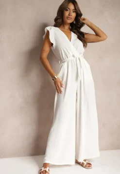 Biały Koktajlowy Kombinezon Wiązany Paskiem Wykończony Falbankami przy Ramionach Vimaseni