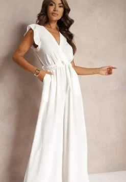 Biały Koktajlowy Kombinezon Wiązany Paskiem Wykończony Falbankami przy Ramionach Vimaseni