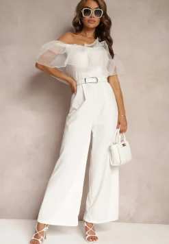 Biały Koktajlowy Kombinezon z Falbanką przy Dekolcie bez Rękawów Tessita