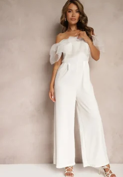 Biały Koktajlowy Kombinezon z Falbanką przy Dekolcie bez Rękawów Tessita
