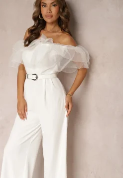 Biały Koktajlowy Kombinezon z Falbanką przy Dekolcie bez Rękawów Tessita