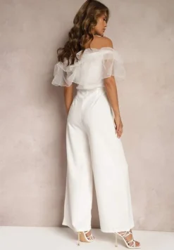 Biały Koktajlowy Kombinezon z Falbanką przy Dekolcie bez Rękawów Tessita