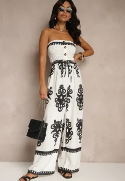 Biały Kombinezon Bandeau Ozdobiony Ornamentnym Motywem i Guzikami Liravessa