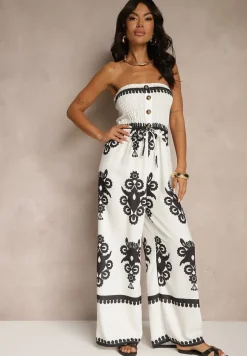 Biały Kombinezon Bandeau Ozdobiony Ornamentnym Motywem i Guzikami Liravessa