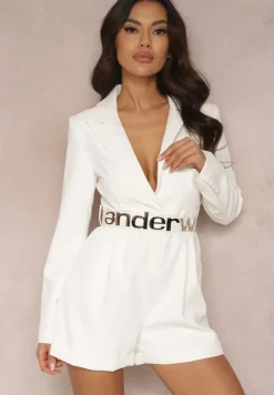 Biały Kombinezon o Kroju Marynarki z Paskiem Okyale