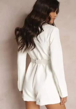 Biały Kombinezon o Kroju Marynarki z Paskiem Okyale