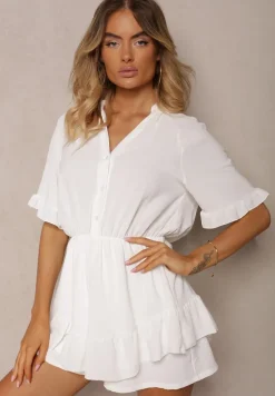 Biały Kombinezon o Taliowanym Kroju z Falbanką przy Rękawach i Gumką w Pasie Nansili