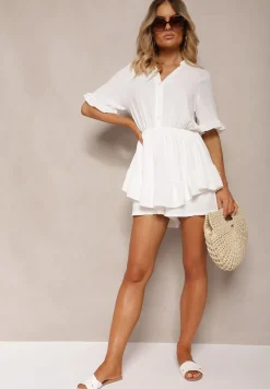 Biały Kombinezon o Taliowanym Kroju z Falbanką przy Rękawach i Gumką w Pasie Nansili