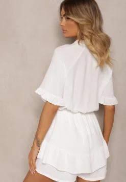 Biały Kombinezon o Taliowanym Kroju z Falbanką przy Rękawach i Gumką w Pasie Nansili