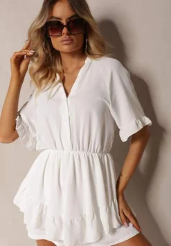 Biały Kombinezon o Taliowanym Kroju z Falbanką przy Rękawach i Gumką w Pasie Nansili