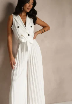 Biały Kombinezon Taliowany w Garniturowym Stylu z Paskiem i Guzikami Fillomia