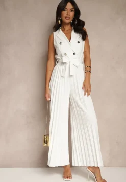 Biały Kombinezon Taliowany w Garniturowym Stylu z Paskiem i Guzikami Fillomia