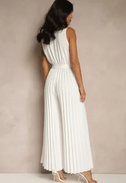 Biały Kombinezon Taliowany w Garniturowym Stylu z Paskiem i Guzikami Fillomia