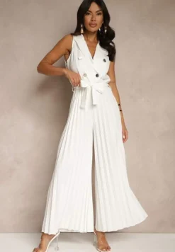 Biały Kombinezon Taliowany w Garniturowym Stylu z Paskiem i Guzikami Fillomia