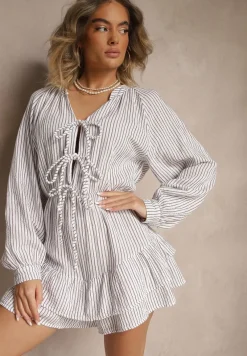 Biały Kombinezon w Cienkie Paski z Wiązaniem z Bawełny Ovivelle