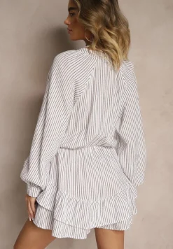 Biały Kombinezon w Cienkie Paski z Wiązaniem z Bawełny Ovivelle