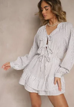 Biały Kombinezon w Cienkie Paski z Wiązaniem z Bawełny Ovivelle