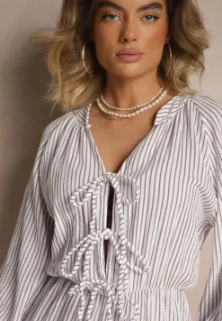 Biały Kombinezon w Cienkie Paski z Wiązaniem z Bawełny Ovivelle