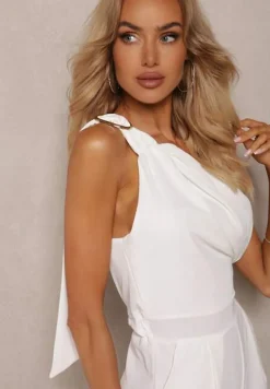Biały Kombinezon z Asymetrycznym Dekoltem i Kieszeniami Benae