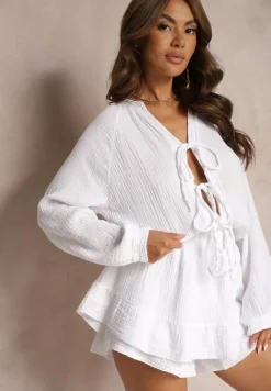 Biały Kombinezon z Bawełny Ozdobiony Wiązaniem i Falbankami Nalelia