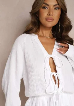 Biały Kombinezon z Bawełny Ozdobiony Wiązaniem i Falbankami Nalelia