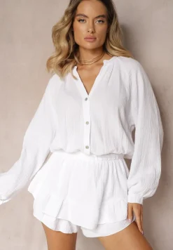 Biały Kombinezon z Bawełny ze Spódnico-Spodenkami i Guzikami oraz Gumką w Talii Vimatthea