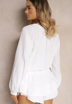 Biały Kombinezon z Bawełny ze Spódnico-Spodenkami i Guzikami oraz Gumką w Talii Vimatthea