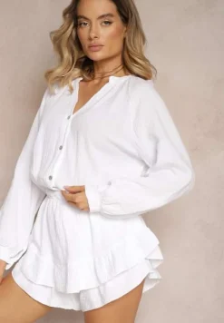 Biały Kombinezon z Bawełny ze Spódnico-Spodenkami i Guzikami oraz Gumką w Talii Vimatthea