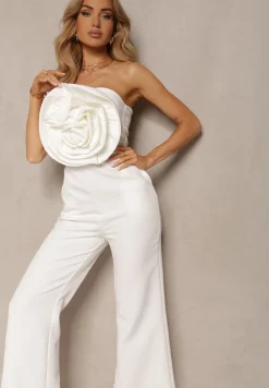 Biały Kombinezon z Dużym Naszytym Kwiatem bez Rękawów Usemia