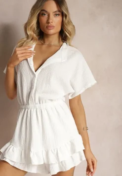 Biały Kombinezon z Gumką w Pasie o Dopasowanym Kroju Timarai