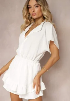 Biały Kombinezon z Gumką w Pasie o Dopasowanym Kroju Timarai