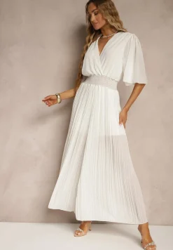 Biały Kombinezon z Kopertowym Dekoltem i Gumką w Pasie Zdobiony Plisami Amadle
