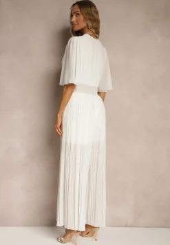 Biały Kombinezon z Kopertowym Dekoltem i Gumką w Pasie Zdobiony Plisami Amadle