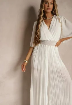 Biały Kombinezon z Kopertowym Dekoltem i Gumką w Pasie Zdobiony Plisami Amadle