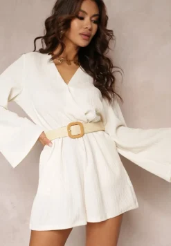 Biały Kombinezon z Kopertowym Dekoltem i Gumką w Pasie Acalio