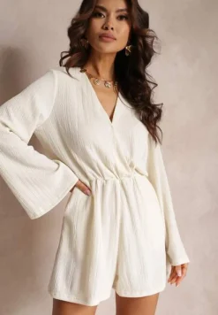 Biały Kombinezon z Kopertowym Dekoltem i Gumką w Pasie Acalio