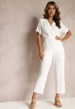 Biały Kombinezon z Kopertowym Dekoltem i Krótkimi Rękawami z Wiskozą Coridsa