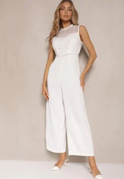 Biały Kombinezon z Szeroką Nogawką Zdobiony Siateczkowymi Wstawkami Naliena