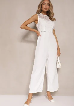 Biały Kombinezon z Szeroką Nogawką Zdobiony Siateczkowymi Wstawkami Naliena