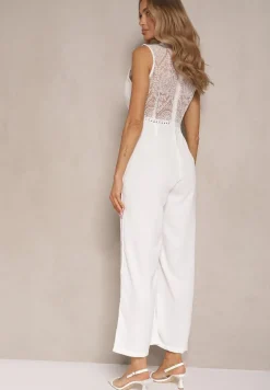 Biały Kombinezon z Szeroką Nogawką Zdobiony Siateczkowymi Wstawkami Naliena