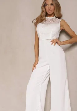 Biały Kombinezon z Szeroką Nogawką Zdobiony Siateczkowymi Wstawkami Naliena