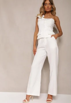 Biały Komplet 2-Częściowy Asymetryczny Top z Aplikacją 3D Spodnie z Szerokimi Nogawkami Vimarise