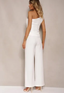 Biały Komplet 2-Częściowy Asymetryczny Top z Aplikacją 3D Spodnie z Szerokimi Nogawkami Vimarise