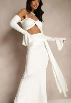 Biały Komplet Dopasowana Spódnica z Trenem i Top z Rękawami z Falbanką Adivaria