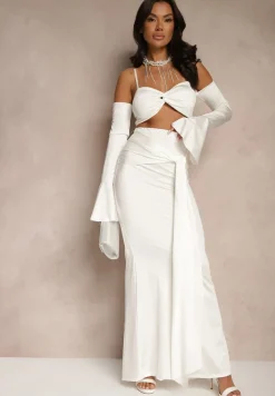 Biały Komplet Dopasowana Spódnica z Trenem i Top z Rękawami z Falbanką Adivaria
