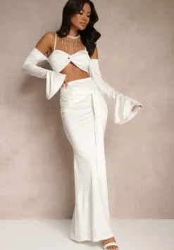Biały Komplet Dopasowana Spódnica z Trenem i Top z Rękawami z Falbanką Adivaria