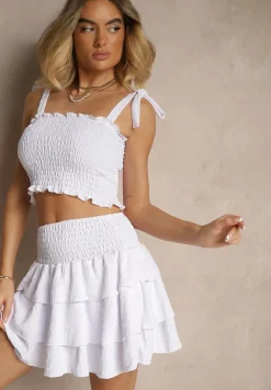 Biały Komplet Dopasowany Top z Wiązaniem i Spódnica o Rozkloszowanym Kroju Evianea